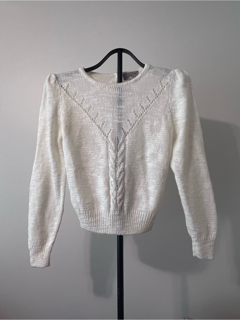 Vintage 80s White Cable Knit Pointelle Puff Sleeve Sweater M